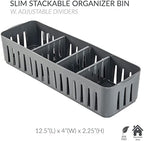 Simplify 2 Pack 4 Compartment Stackable Bin with Adjustable Dividers | Drawer Organizer | Storage Basket | Good for Office | Desk Supplies | Dorm |Bathroom | Accessories | Make Up | Grey - Image 2