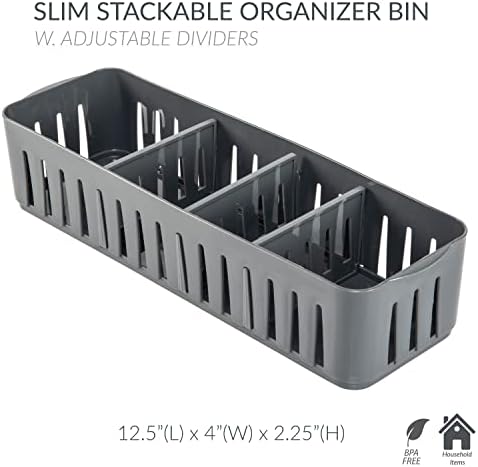 Simplify 2 Pack 4 Compartment Stackable Bin with Adjustable Dividers | Drawer Organizer | Storage Basket | Good for Office | Desk Supplies | Dorm |Bathroom | Accessories | Make Up | Grey - Image 2