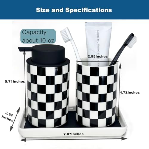 Bathroom Toothbrush Holder Set, Ceramic Soap Dispenser and Tooth Brush Holder Set, Modern Bathroom Accessories Sets Countertop, Black and White Checkered Bathroom Decor Set - Image 3