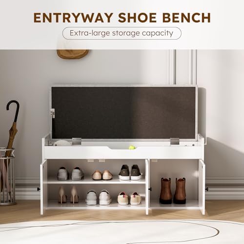 40" Storage Bench - Entryway Shoe Bench with 3 Doors and Top Storage Area, Multifunctional Entryway Bench with Lift Top Cushion, Shoe Storage Bench for Bedroom, Living Room, White - Image 3