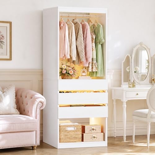HUAHUU Freestanding 2FT Closet System with 3 Wood Drawers & Glasstop, 24" Closet Organizer System with Hanging Rod & LED Lights, Walk-in Closet Systems for Small Closets, White (24"L x 16" W x 80" H) by HUAHUU