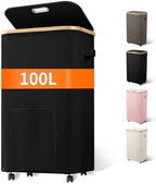 Vincona Laundry Basket with Wheels, Tall Dirty Clothes Hamper on Wheels, Rolling Laundry Hamper with lid for Dorm, Bedroom and Bathroom (Black, 100L) by Vincona