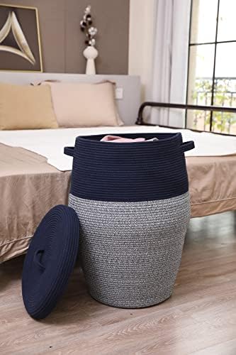 26"x20" Handcrafted Tall Cotton Rope Basket with Lid, Stylish Flagon Shape with Cover, Clothes Hamper with Top, for Bedroom and Living Room, Dark Blue Mix - Image 3