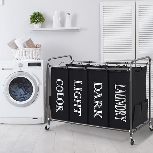 STORAGE MANIAC 4 Section Laundry Sorter Rolling Laundry Hamper, Label Black - Image 6