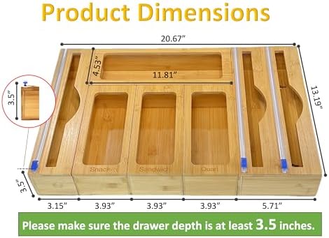 Incredinest Bamboo Drawer Organizer Bag Holder – Modular Design Zip Lock Bag Organizer Plastic Wrap Dispenser with Cutter – Baggie Organizer for Drawer with Single and Double Wrap Dispenser - Image 3