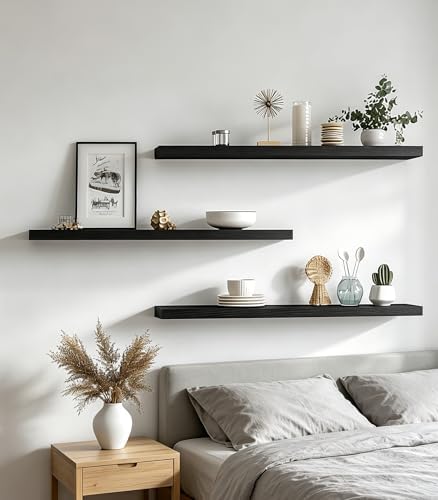 36 Inch Rustic Wood Floating Shelves Farmhouse Wooden Wall Shelves for Bathroom Bedroom Living Room Kitchen Office Set of 4 Black - Image 5