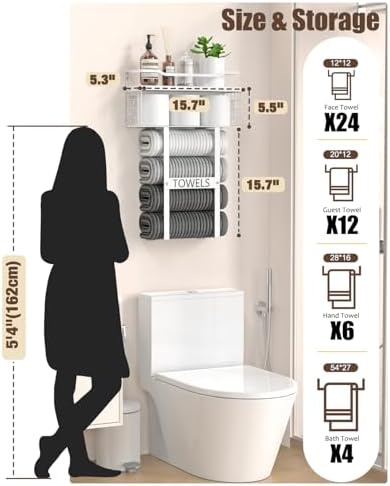 Towel Racks for Bathroom Wall Mounted - Bath Wall Towel Holder Set Above Toilet Storage, Rolled Towel Shelf Organizer for Small Bathroom All White, Wood Vertical Towel Rack for Bathroom Wall Decor - Image 6