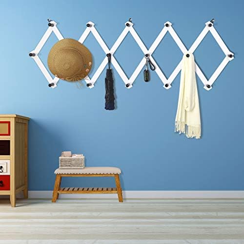 Dseap Accordian Wall Hanger: 16” High Wooden Wall Expandable Coat Rack, Hat Rack Holder, Accordion Hook for Baseball Caps, Coats, Mugs, 16 Peg Hooks, White & Black - Image 2