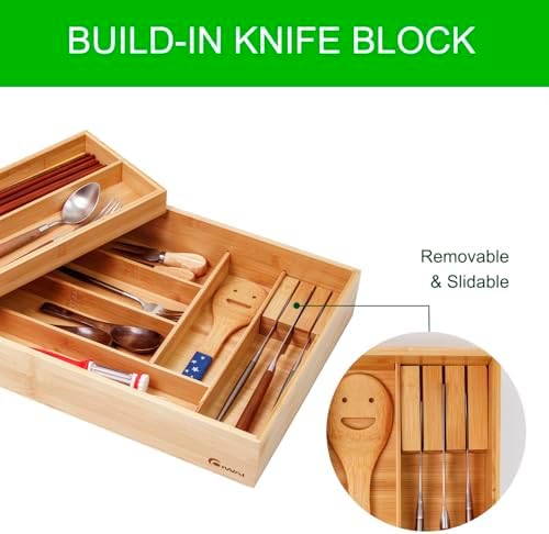 COIWAI Double Layer Bamboo Drawer Organizer Cutlery Utensil Silverware Drawer Organizer, cutlery Silverware Tray for Drawer, Utensil Holder Drawer Dividers for Flatware (L: 16.85 × 12.2 in) - Image 4