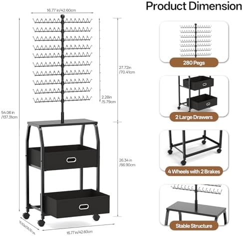 XINTUO Portable Braiding Hair Rack with Wheels & Storage Drawers,280 Pegs Hair Extension Holder Hanger for Braiding Hair Separator Stand Display,Hair Rack with Stylist Hair braiding Tools(Black) - Image 5