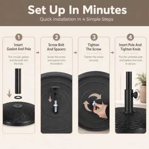 22 Lbs 17.72 Inch Round Umbrella Stand, Heavy Duty Weighted Base for Outdoor Market Parasols, Stable Holder for Patio Deck Lawn Garden Poolside, Black - Image 2