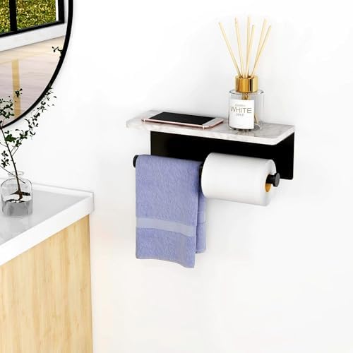 Toilet Paper Holder with Natural Marble Shelf for Bathroom Washroom,Wall Mounted Tissue Holder Suitable for Mega Roll (Matte Black, Large 11.8 * 4.7) - Image 3