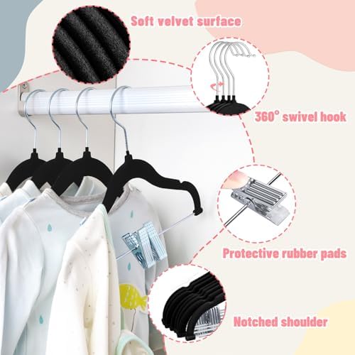 ManGotree 11.8'' Baby Velvet Hangers with Movable Clips 28 Pack Black - Image 3