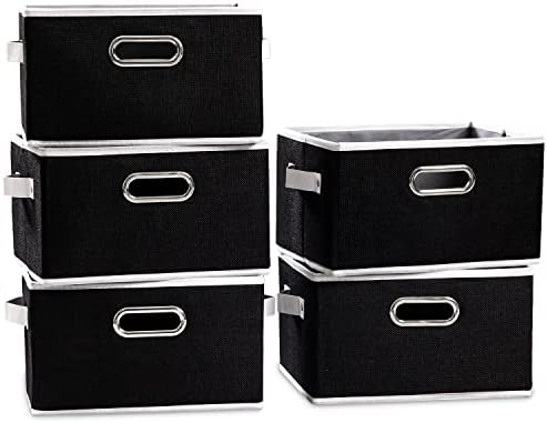 PRANDOM Fodable Storage Baskets for Closet [5-pack] Decorative Fabric Storage Bins Cubes with Leather/Metal Handles for Shelves Bedroom Living Room Black (11.5x8.5x6.7 Inch) by Prandom