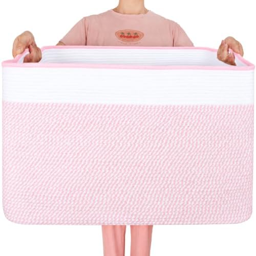 MINTWOOD Design 112L Extra Large Blanket Basket Holder Living Room, 25"x17"x16" Rectangle Rope Woven Storage Basket with Handles for Laundry, Towels, Shoes, Dog Toy Organizer Bin Box, Light Pink by MINTWOODDesign