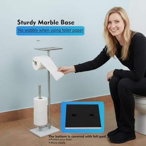 Toilet Paper Holder with Shelf, Free Standing Toilet Paper Holder with Storage - Toilet Paper Stand for Holding Extra 3 Rolls, Tissue Holder for Bathroom (Brushed Nickel with Marble Base) - Image 5