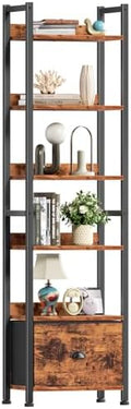 Furologee 6 Tier Bookshelf with Drawer, Tall Narrow Bookcase, Rustic Brown by Furologee