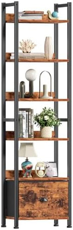 Furologee 6 Tier Bookshelf with Drawer, Tall Narrow Bookcase, Rustic Brown by Furologee