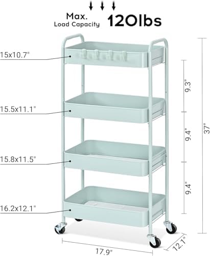TOOLF 4 Tier Metal Rolling Cart, Utility Storage Cart with Wheels, Green - Image 2