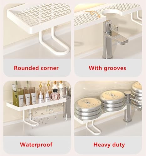 Sink Organizer Rack,No-Drill Freestanding Carbon Steel Faucet Storage Shelf, Washbasin Shelf, Tool-Free Organizer, Space-Saving Bathroom Countertop Organizer, Easy Drainage New (White Large) - Image 6