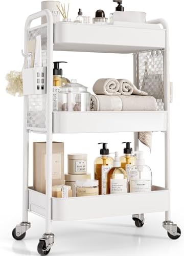 TOOLF 3 Tier Rolling Cart, Metal Utility Storage Cart with Pegboard, White by TOOLF