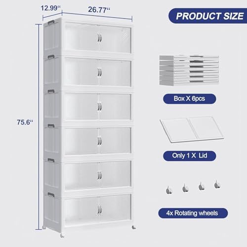 180GAL (720QT) Collapsible Plastic Storage Bins with Lid & Wheels, Extra Large Stackable Closet Organizers Storage Boxes, Folding Cabinet for Home Kitchen Office, 6Pack White - Image 2