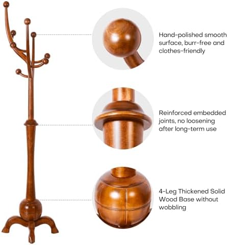 Coat Rack Freestanding Wood Coat Tree with Stable Sphere Base, Light Brown - Image 2