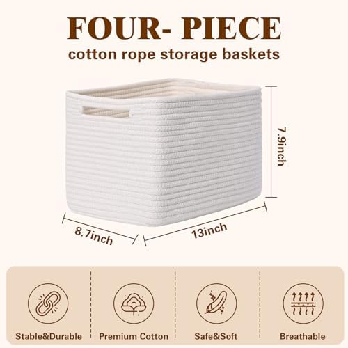 Storage Baskets for Organizing, 4 Pack Baskets for Shelves, Decorative Storage Bins for Shelves, Cotton Rope Storage Basket with Handles, Woven Basket for Storage, 13''Lx8.7''Wx7.9''H, White - Image 3