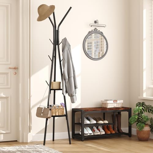 HOMEFORT Coat Rack, Coat Hanger Stand with 2 Shelves, Freestanding Hall Tree, Metal Hat Hanger with 12 Hooks for Clothes Hats and Scarves (Black) - Image 2