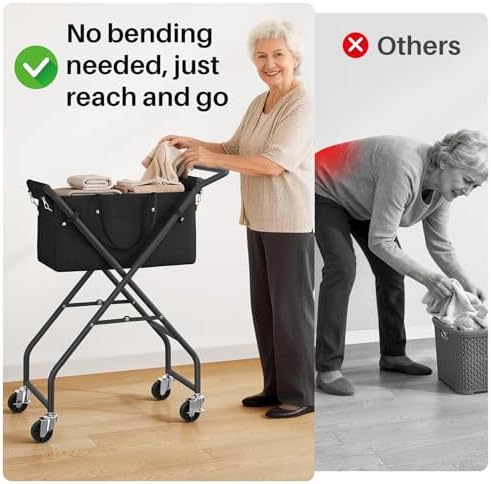 No-Bend Laundry Cart- Rolling Hamper with Locking Wheels & Handle, Foldable Basket Screw-Free Assembly, Durable Metal Frame & Removable Liner Bag for Bedroom & Bathroom (Black) - Image 2