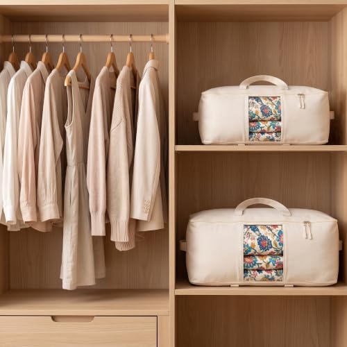 Odonata Soft Thick Cotton Canvas Storage Bags, Foldable Zipper Totes with Clear Window & Dual Handles, Under Bed Organizer for Bedding Blankets Pillows Clothes. (Natural Beige, Large-2pack) - Image 7