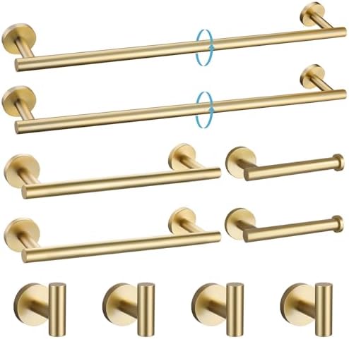 TURS Brushed Gold 10 Pieces Bathroom Hardware Set, SUS304 Stainless Steel 24 Inch Bath Towel Bar Set, Round Bathroom Accessories Kit Wall Mounted by TURS