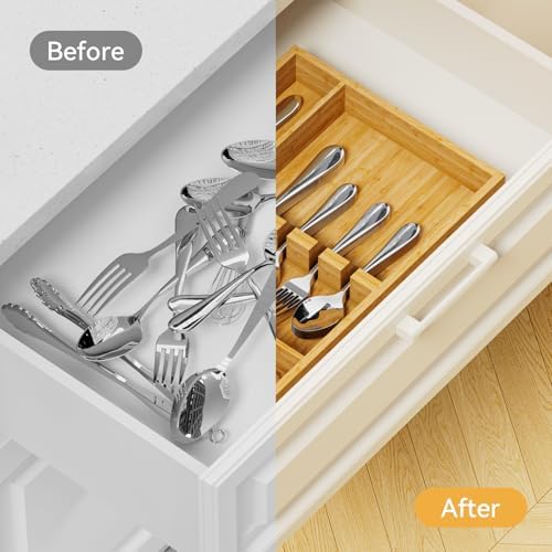 Yofidra Bamboo Silverware Organizer, 13.8 x 9.84 x 1.96 Inches Kitchen Utensil Drawer Organizer, Silverware Tray for Drawer with Fixed Slots for Spoons, Forks & Knives, Natural - Image 7