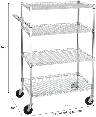 Finnhomy 4 Tier Heavy Duty Commercial Grade Rolling Cart with Handle Bar, Metal Wire Utility Cart with Wheels, Service Trolley on Wheels, Shelf Size 18" D x 30" W, NSF Listed, Chrome - Image 3