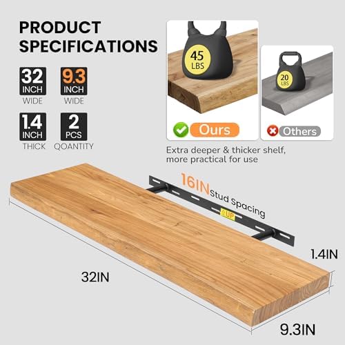 Fun Memories Floating Shelves for Wall, Live Edge 32" W x 9.3" D x 1.5" H Wood Floating Shelf, Set of 2 with Invisible Heavy-Duty Metal Bracket, Deep Floating Shelf for Living Room Kitchen, Natural - Image 4