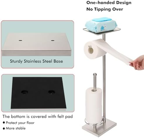 Toilet Paper Holder with Tray At the Top, Heavy-Weighted Stainless Steel Base No Wobbly, Freestanding Toilet Paper Rolls Stand, Hold Extra 3 Paper Rolls On the Base (Brushed Nickel) - Image 4