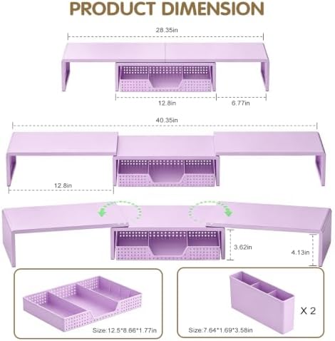 LEKETREE Dual Monitor Stand Riser with Drawer and 2 Pen Holders, Purple - Image 7