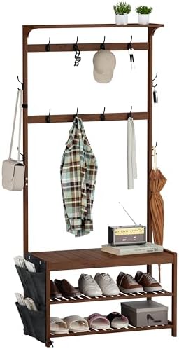 AMBIRD Hall Tree with bench and shoe storage, Entryway Bench with shoe storage, 6-in-1 Coat Rack with Cloth Bag and 12 Coat Hooks, Sturdy Bamboo Frame, Brown 31 * 15 * 70 Inches - Image 7