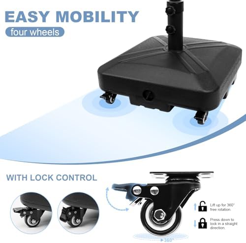 Patio Umbrella Base Heavy Duty with Wheels Square Market Stand for Outdoor 4 Locks 2 Knobs 125lb Capacity, Black - Image 3