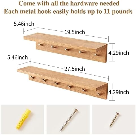 Oak Wood Coat Rack Wall Mount With Shelf 20 Inch Long, 5 Hooks, Floating Entryway Wall Shelf for Bathroom, Hallway, Living Room - Image 3