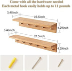 Oak Wood Coat Rack Wall Mount With Shelf 20 Inch Long, 5 Hooks, Floating Entryway Wall Shelf for Bathroom, Hallway, Living Room - Image 3