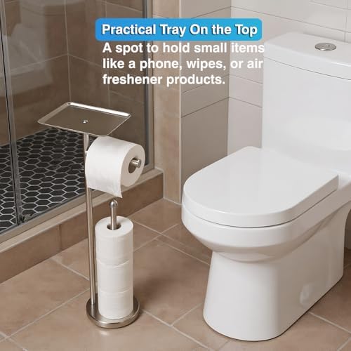 Toilet Paper Holder with Shelf, Freestanding Tissue Paper Stand with Storage Space for Extra 4 Toilet Paper Rolls (Stainless Steel Base, Brushed Nickel) - Image 3