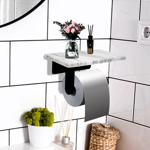 Toilet Paper Holder with Natural Marble Shelf for Bathroom Washroom,Wall Mounted Tissue Holder Suitable for Mega Rol(Middle 7.87 * 4.72 in, Matte Black) - Image 7
