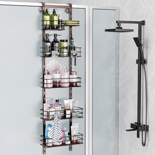 Orimade Over the Door Shower Caddy Adjustable 5 Tier Bronze,Bathroom Hanging Organizer Shelf Rustproof with 4 Hooks,Shower Basket with Soap Holder and Suction Cup by Orimade