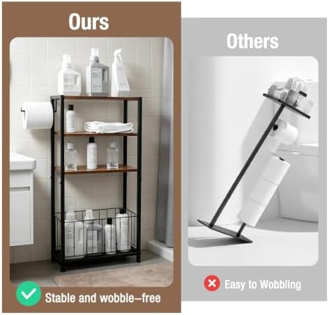Freestanding Toilet Paper Holder with Storage Wood Shelf Adjustable Feet - Image 4