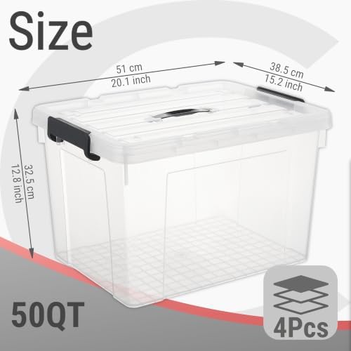 Cetomo Plastic Storage Bins with Handle, Storage Bin with Lids, Organizing Container, PP Box for Home Office, Clear, 50 Quart (Pack of 4) - Image 2