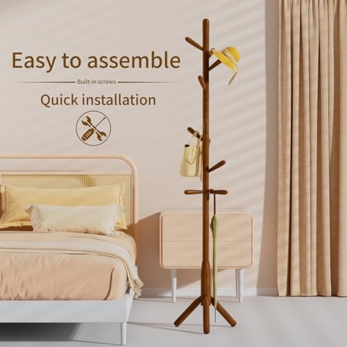 Solid Wood Coat Rack, Freestanding Tree-Shaped Coat Rack with 11 Hooks, Main Pole 1.6" dia for Clothes, Hat Stand Used in Bedroom/Office/Entryway (3-Leg Base, Brown) - Image 4