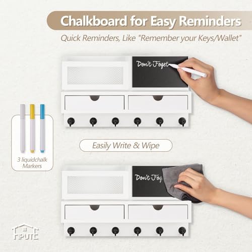 Key Holder for Wall, Key and Mail Holder for Wall with Storage Drawer, Entryway Rustic Home Decor, 3 Liquid Chalks & Chalkboard, 15.98”W x 9.1”H x 3.3”D, White - Image 5