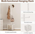 Solid Wood Freestanding Coat Rack with 10 Adjustable Hooks, Storage Basket and Lockable Casters, Organizes Hats, Clothes and Bags for Entryway, Bedroom, Living Room - Image 5