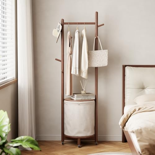 CycleCrew Solid Wood Coat Rack with Fabric Basket - Freestanding Coat Rack Rolling Coat Tree with 9 Hooks Wheels, Small Clothes Rack For Entryway Bedroom Hallway Living Room - Image 5